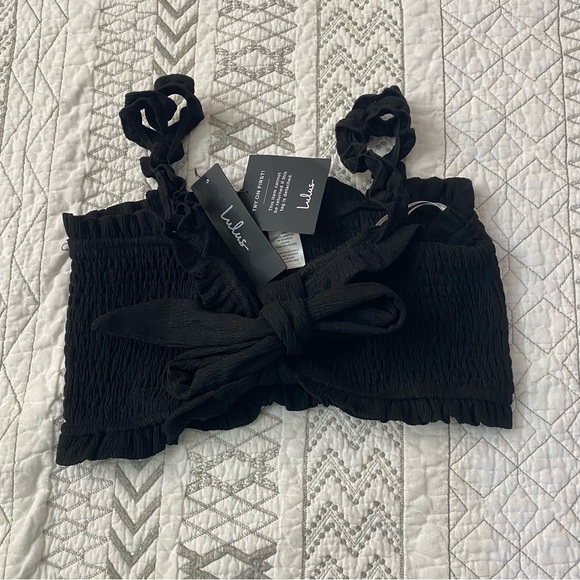 NWT Lulus Black Smocked Ruffle Crop Top - Picture 2 of 7